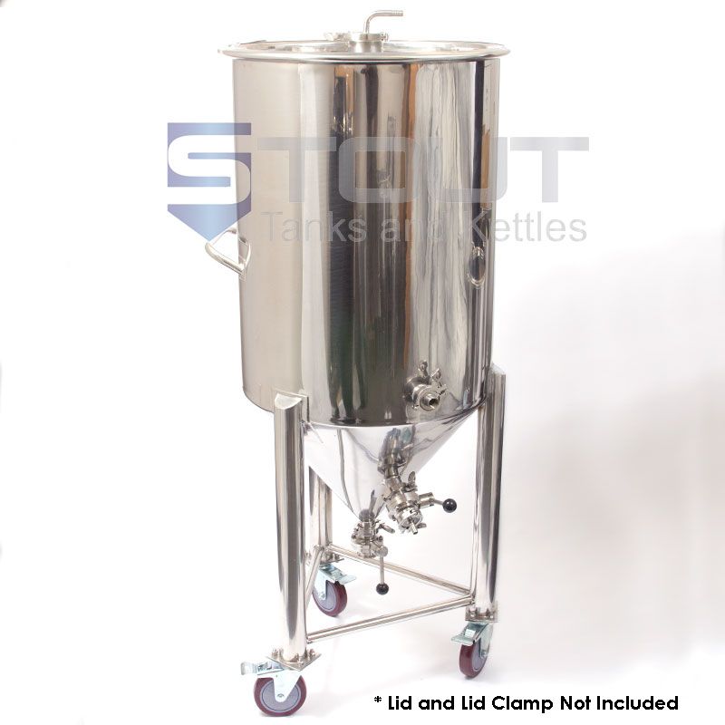 Front view of a stainless steel 55 gallon kombucha brewing vessel that features welded on wheels